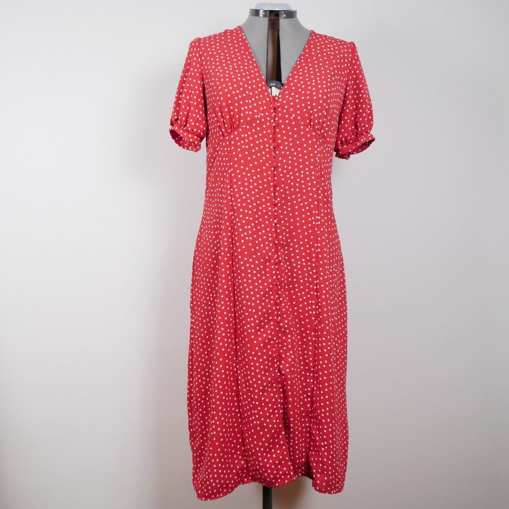 Vero Moda Red Polka Dot Button Midi Dress with Volume Sleeve Sz L